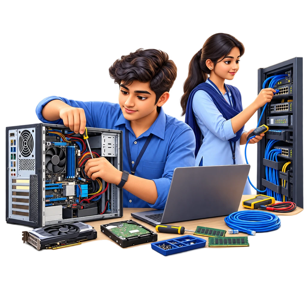ITI Computer Hardware and Network Maintenance trainee using a screwdriver to fit parts in an open desktop.