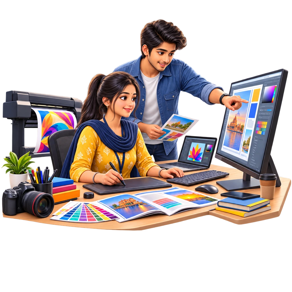 Desktop Publishing Operator trainee arranging magazine pages and text on a computer screen.