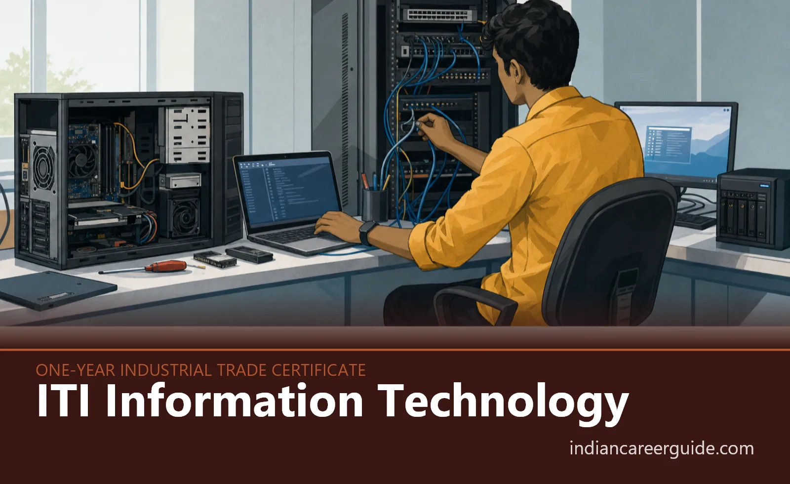 Computer lab at an ITI where an Information Technology trainee checks a desktop network connection.