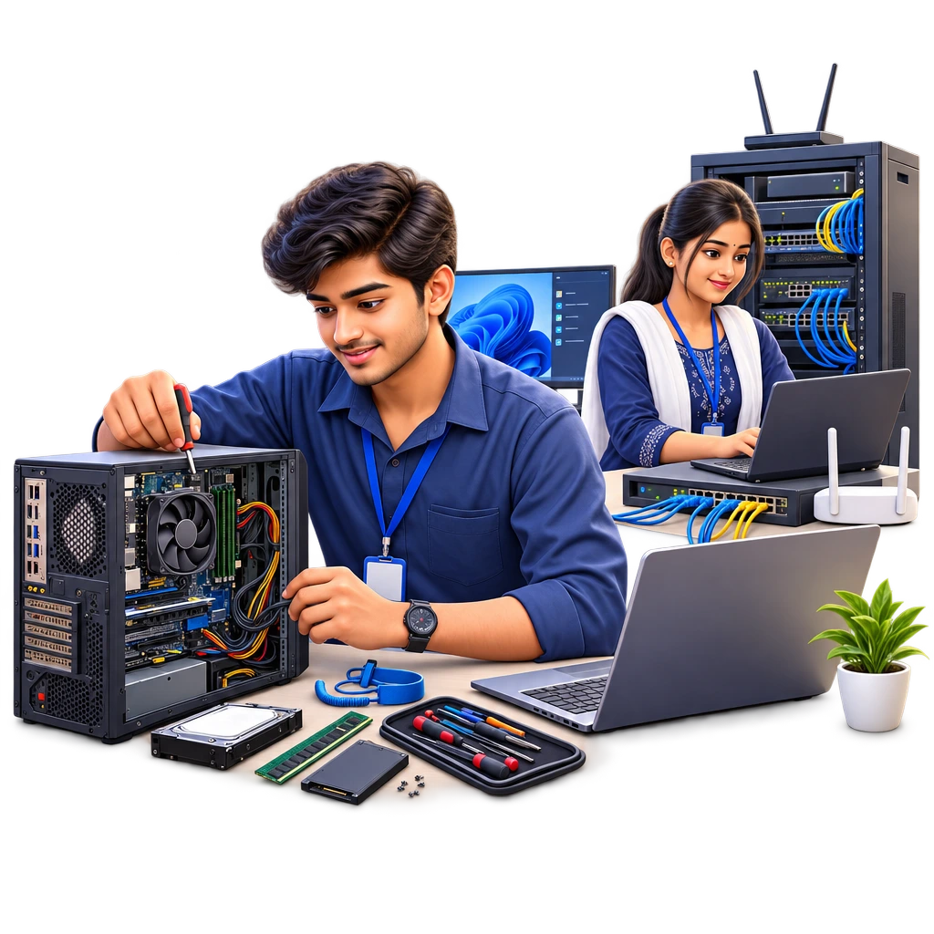 ITI Information Technology trainee connecting network cables to a desktop computer with a screwdriver.