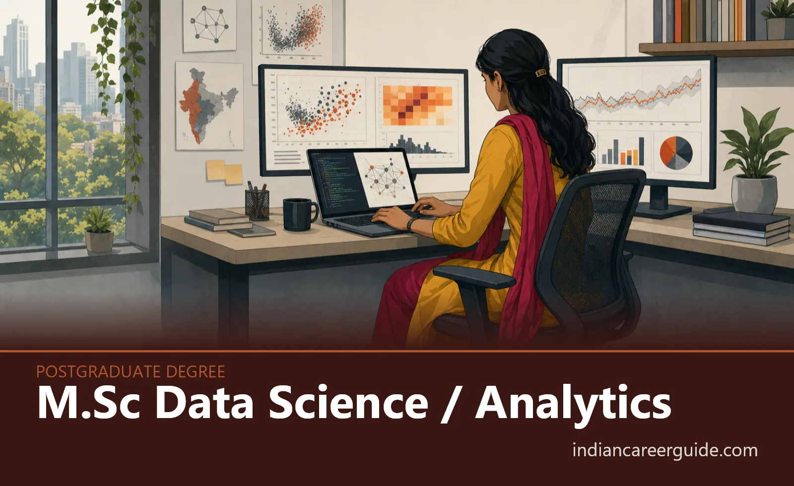 University computer lab where an M.Sc Data Science / Analytics student builds a machine learning model on a desktop.