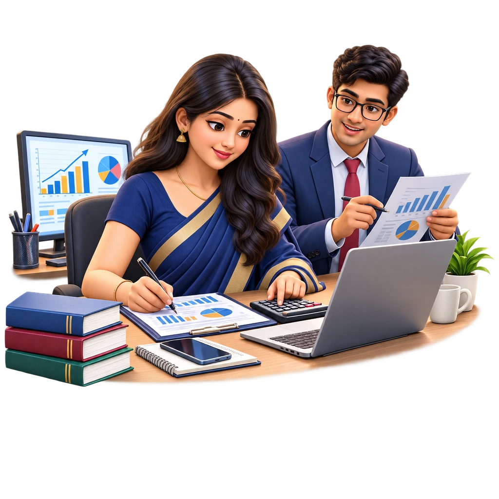 M.Com student using a calculator and laptop to check entries in a printed financial statement.