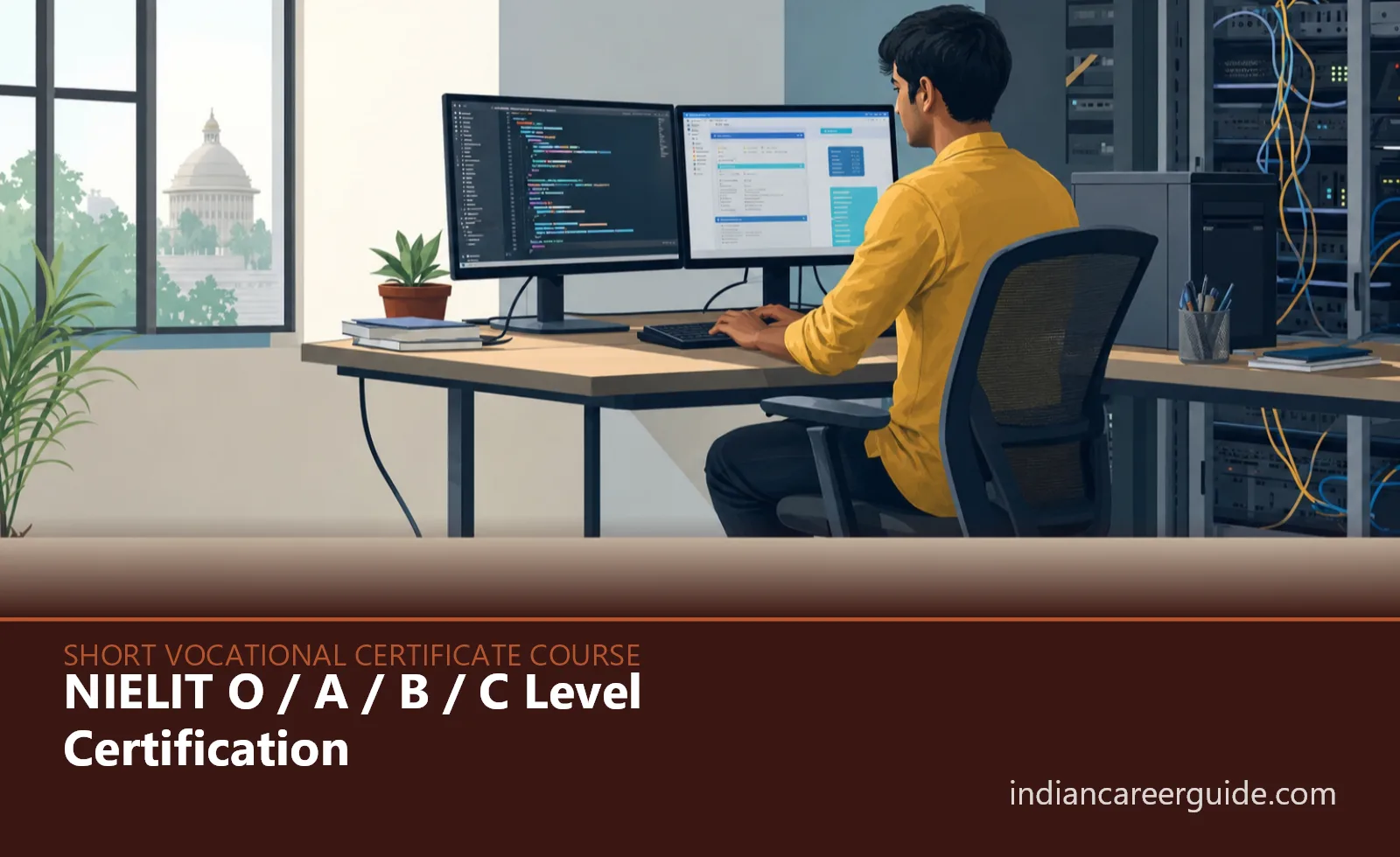 Computer lab where a NIELIT certification trainee works at a desktop during an IT practical session.