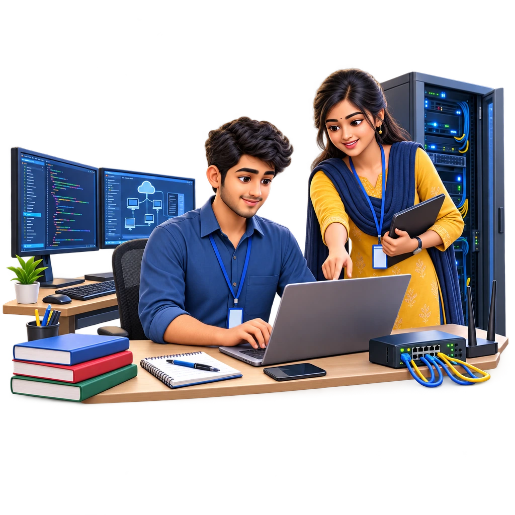 NIELIT certification student using a desktop computer to write code and check a program.