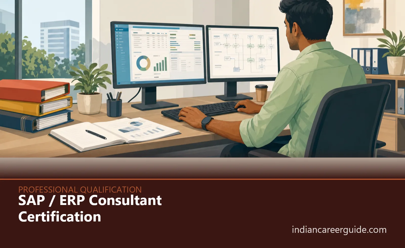 Indian IT services office where a trainee reviews ERP finance screens during SAP ERP Consultant Certification.