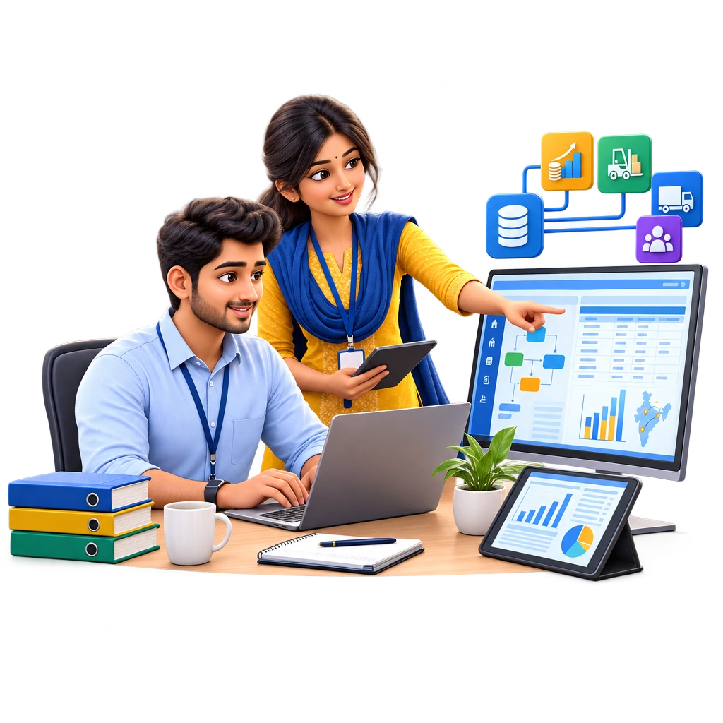 SAP ERP consultant configuring finance data on a laptop beside a desktop monitor, SAP ERP Consultant Certification.