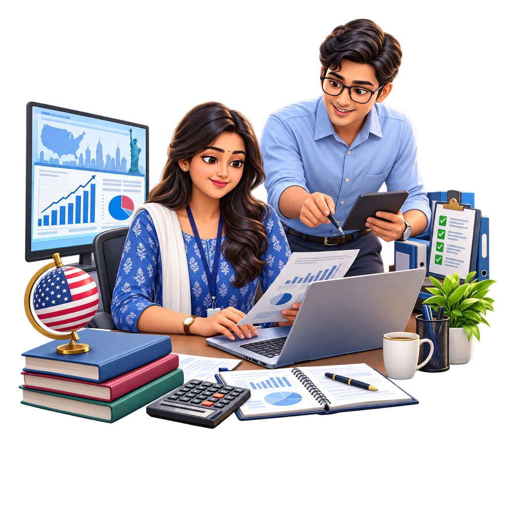 US CPA candidate at a laptop checking a balance sheet and practice exam questions with a calculator.
